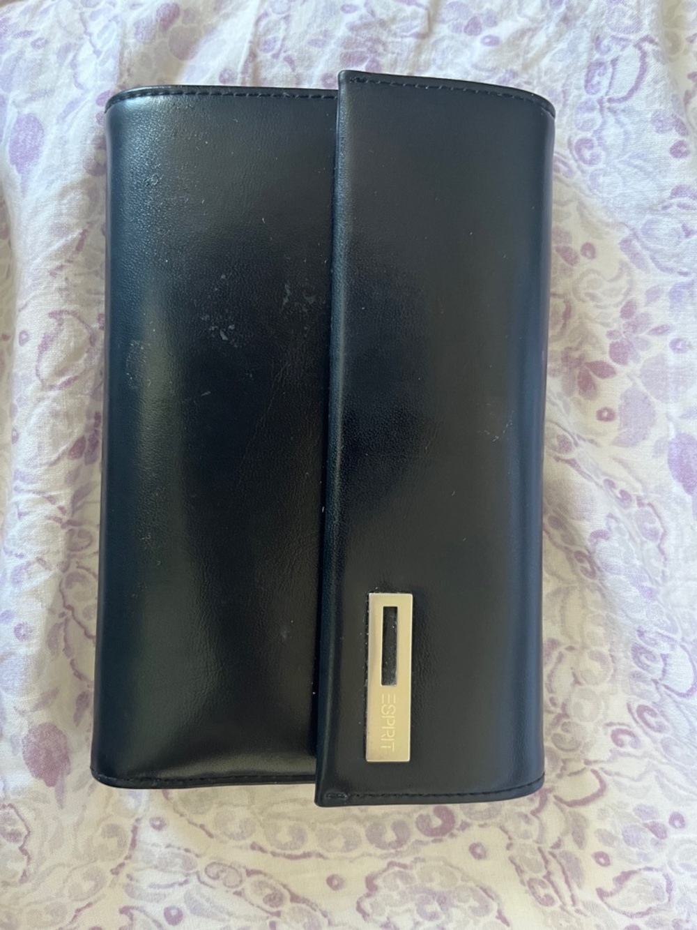 Esprit Black Leather Trifold Wallet with silver Accent